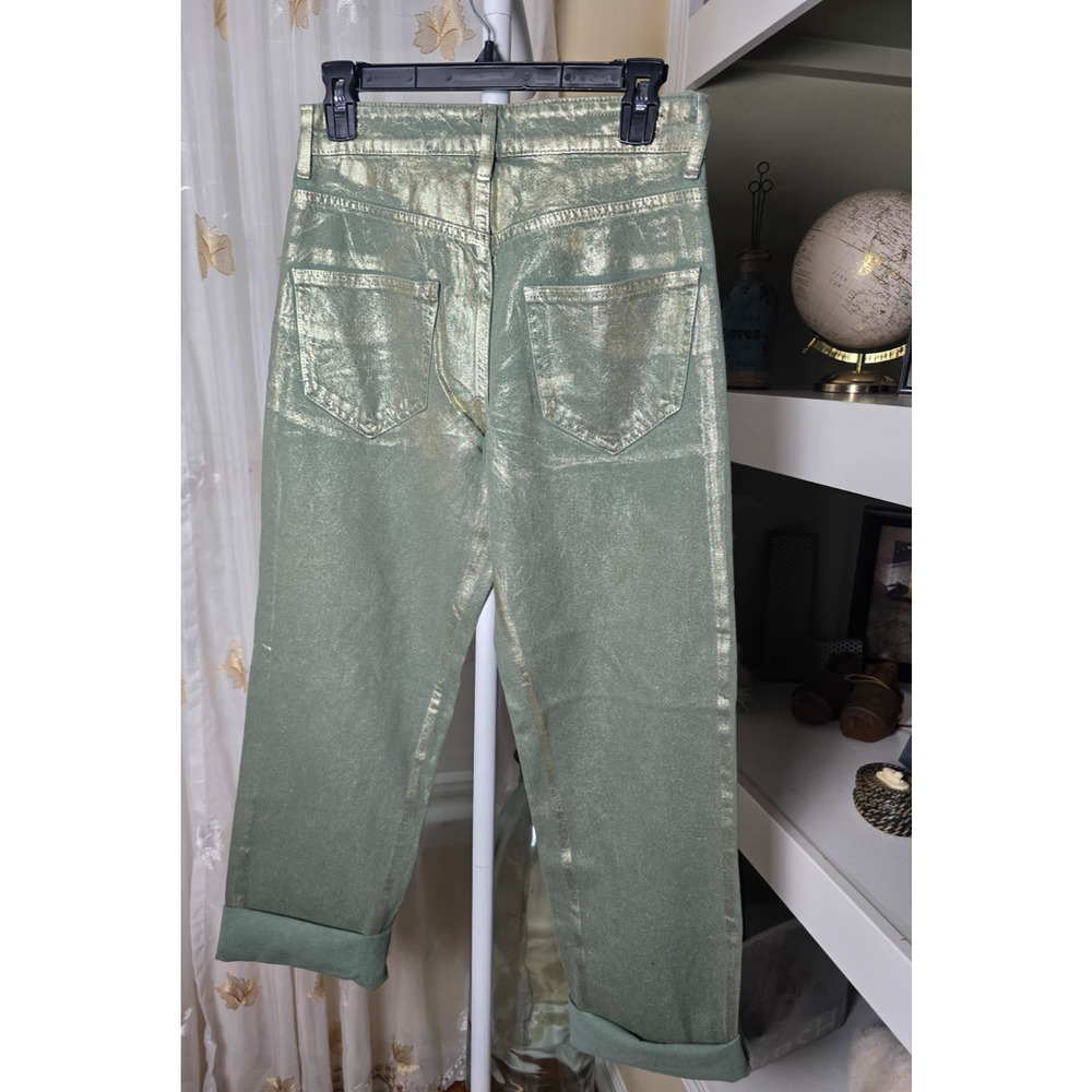 Zara Olive/Sage Green Metallic Straight-Leg Cuffed Women’s Jeans - Picture 4 of 12